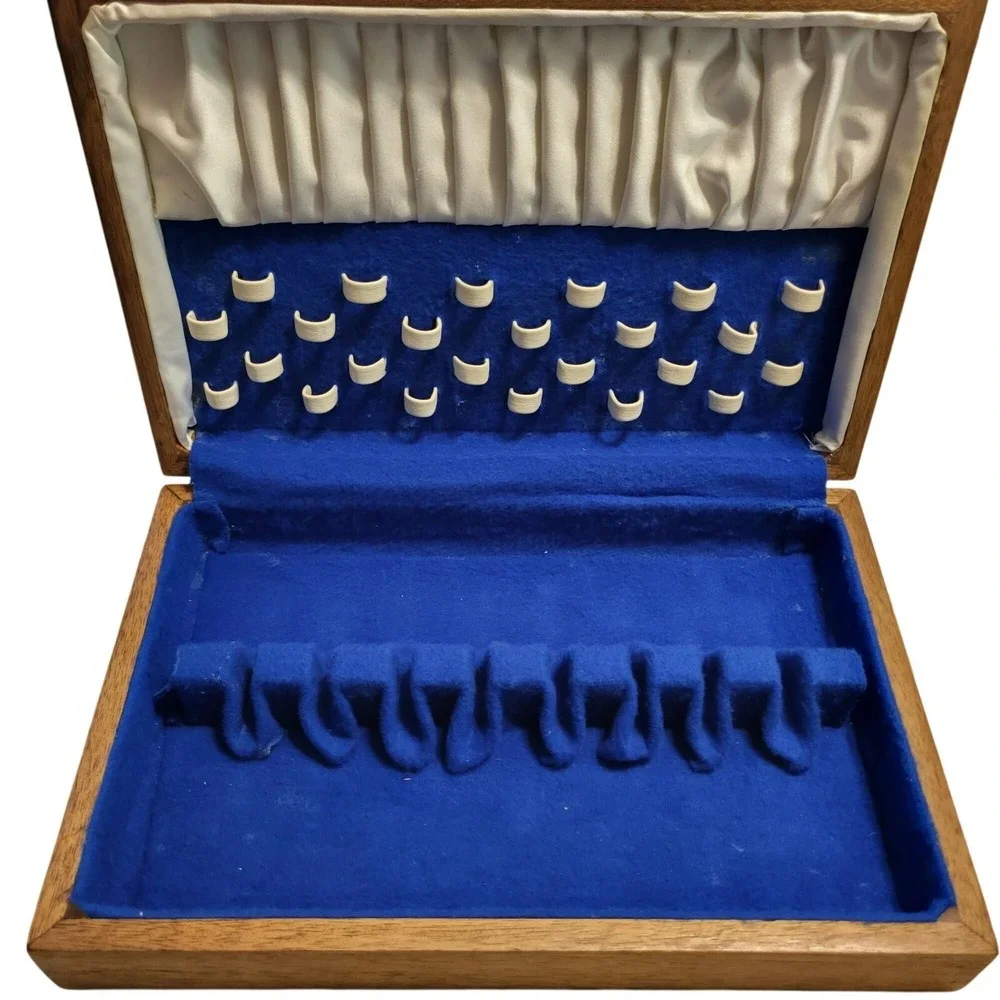 Vintage EMPTY Silverware Chest Wooden Case Blue Velvet Cream Satin Interior